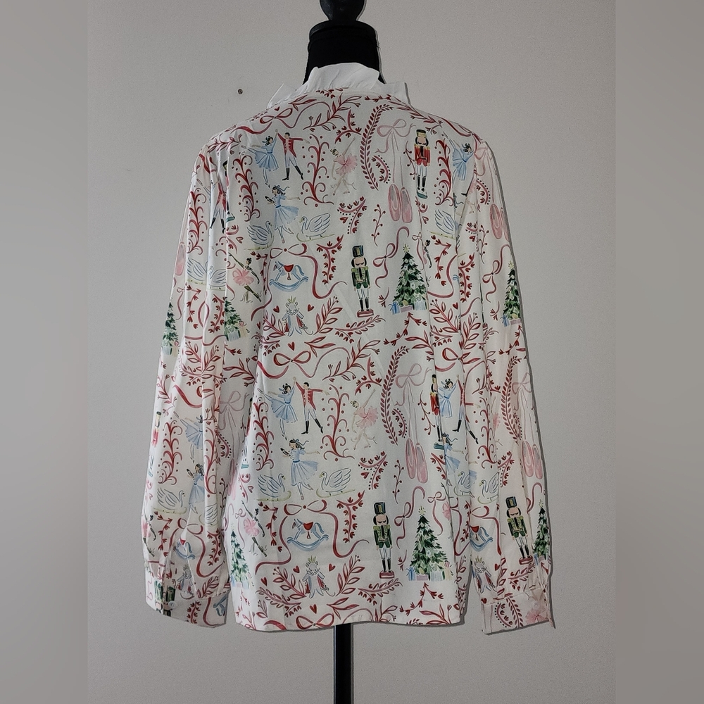 White Nutcracker Print Button-Front Women's Blouse - Picture 2 of 3